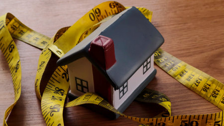 Miniature House Wrapped in Measuring Tape on Wooden Tableの写真素材