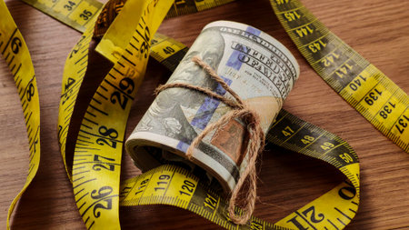 Rolled US Dollar Bills and Measuring Tape on Wooden Tableの写真素材