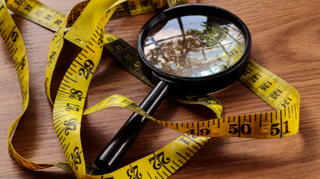 Magnifying Glass and Measuring Tape on Wooden Tableの写真素材