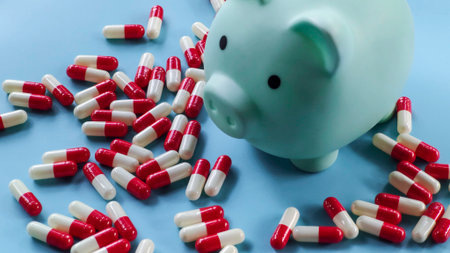 Piggy Bank and Red and White Capsules on Blue Backgroundの写真素材