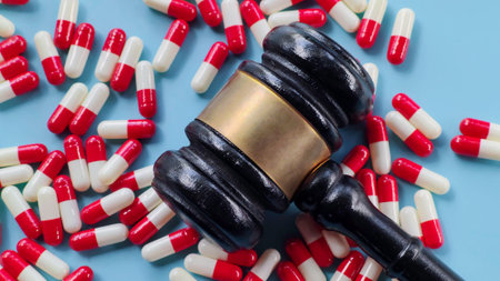 Gavel and Red and White Capsules on Blue Background