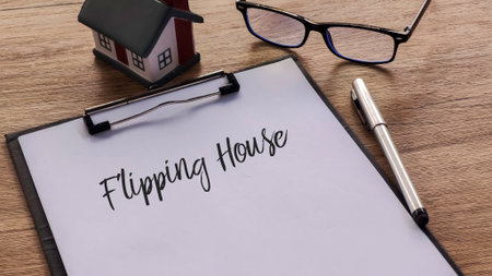 Flipping house concept with a miniature house model, clipboard with "Flipping House" text, pen, and glasses on a wooden desk.の写真素材
