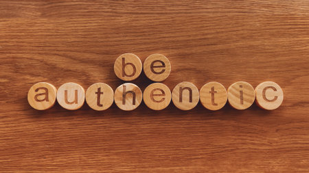 Be Authentic, Wooden Letters on a Natural Wood Backgroundの写真素材