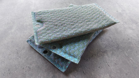 Group of three brand-new, metallic-sheen kitchen scrubbers arranged on a gray stone background,...