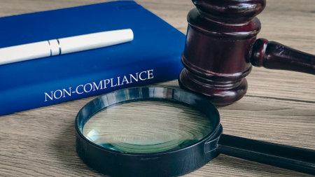 Gavel and magnifying glass on a book titled "NON-COMPLIANCE," representing a legal investigation.の写真素材