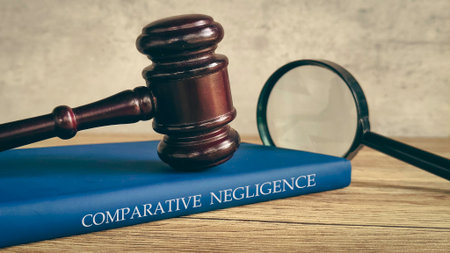 A gavel and magnifying glass on a book titled COMPARATIVE NEGLIGENCE, symbolizing a legal...