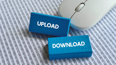 Upload and Download Text on Blue Blocks with Binary Code and Computer Mouse Representing Data...