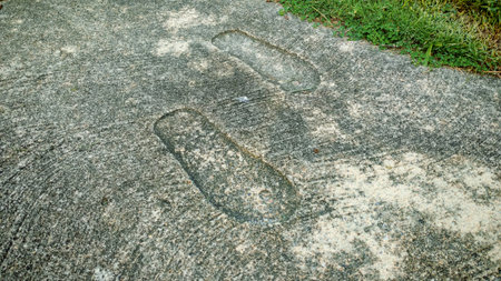 Permanent Footprints Embossed in Aged Concrete: Abstract Concept of Historical Mark, Legacy, and...