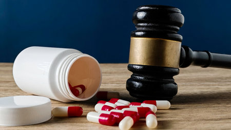 Gavel and Spilled Red and White Capsules from a Medicine Bottle Symbolizing Drug Law and Regulationの写真素材