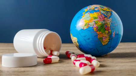 Global Healthcare and Pharmaceutical Access Concept with Earth Globe and Spilled Medicine Capsules