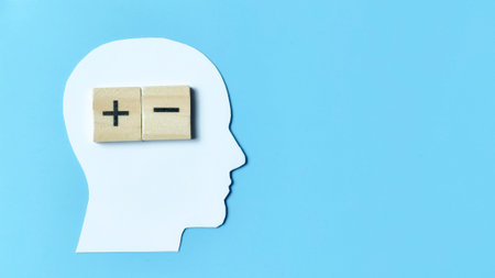 Decision Making and Psychological Evaluation of a situation shown by plus and minus signs inside a human head silhouette, representing options and mindset.の写真素材
