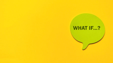 What If Question Mark Text on Green Speech Bubble on Bright Yellow Background Conceptの写真素材