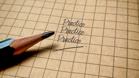 Practice Repeated Three Times Written on Vintage Grid Paper with Pencil for Motivation and...