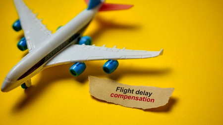 Flight Delay Compensation Claim Concept with Toy Airplane on Yellow Background