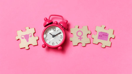 Time for Women's Health: Alarm Clock and Puzzle Pieces Representing Uterus, Gender, and Menstrual Cycle Trackingの写真素材