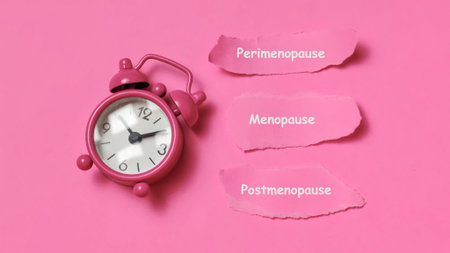 The three stages of the female aging process: Perimenopause, Menopause, and Postmenopause, symbolized by a pink alarm clock as a time indicator.の写真素材