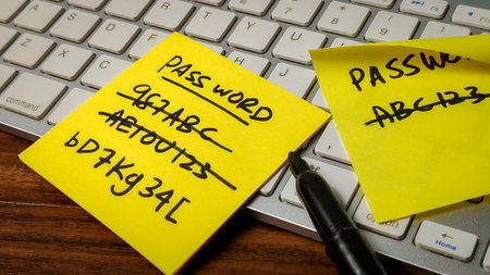 Password Frustration: Secure but Forgotten Credentials with Multiple Attempts Crossed Out on Sticky Noteの写真素材