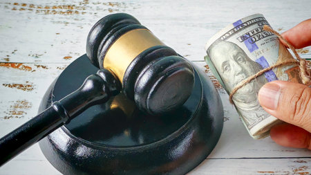 Legal Fines and Financial Judgment: Gavel and Hand Holding Rolled US Dollar Billsの写真素材