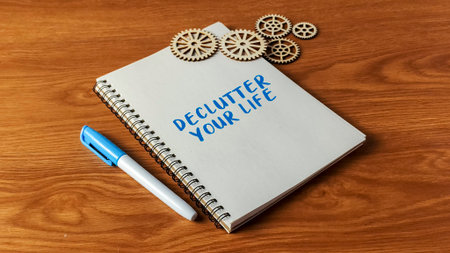 Declutter Your Life phrase written on a notebook with wooden gears and a marker on a desk for organization and mindfulness.の写真素材