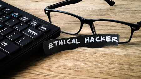 Ethical Hacker concept with a keyboard, reading glasses, and a handwritten note, symbolizing cyber...