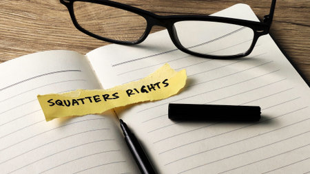 Squatters Rights legal concept written on a yellow note placed on a notebook with reading glasses and a pen, symbolizing property law and research.の写真素材