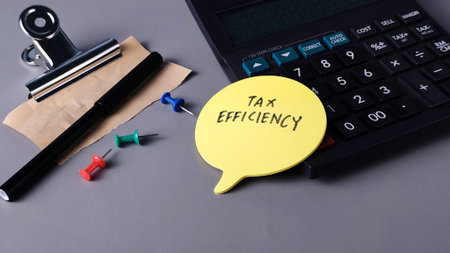 Tax Efficiency Note with Calculator and Office Supplies: Finance Planning and Business Strategyの写真素材