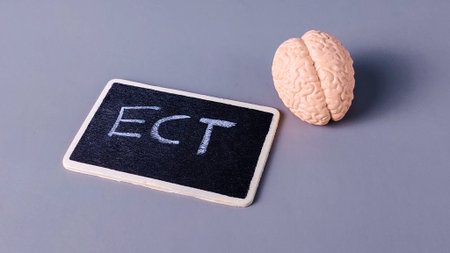 ECT (Electroconvulsive Therapy) Concept: Brain Model and Chalkboard for Mental Health Treatmentの写真素材