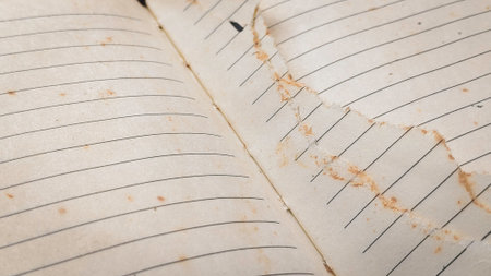 Vintage aged notebook paper background with brown foxing spots and torn ragged edge detailの写真素材