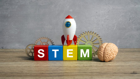 A rocket ship and gears placed on STEM letter blocks next to a brain model for science, technology, engineering, and math education.