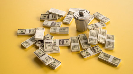 Small Metal Trash Can Placed inside Scattered Stacks of US Dollar Bills Illustrating Financial Loss Inflation and Bad Investments
