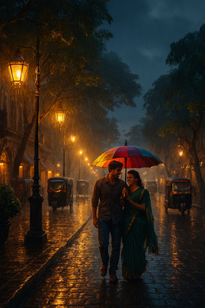 Indian couple walking on the street in the rain with an umbrella.の素材