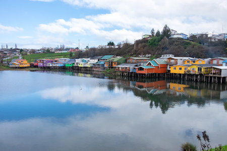 House on stilts in Castro on the island of ChiloÃ© in Chileの写真素材