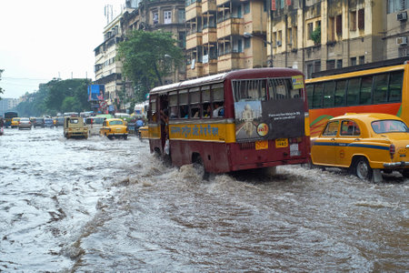 Street in Kolkata flooded by overflowing sewers during monsoon season