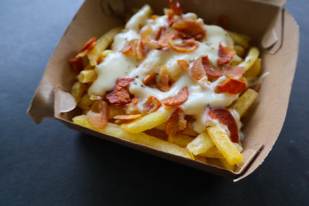 fried fries with with melted cheddar cheese or fried cheese with topping sausage slices on boxの写真素材