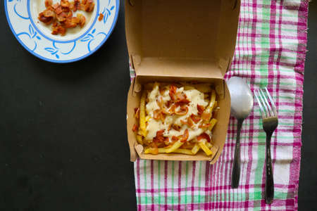 fried fries with with melted cheddar cheese or fried cheese with topping sausage slices on boxの写真素材