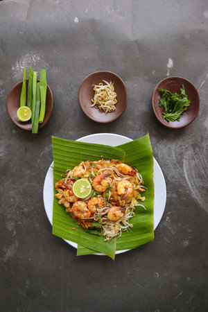 Pad thai, or Phad thai, is a stir-fried rice noodle dish from Thailand. made from rice noodles, , bean sprouts, eggs, prawns and Thai spicesの写真素材