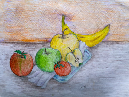 fruit illustration. Children's drawings in the form of fruits using colored pencils, using the shading technique. fruit illustrationの写真素材