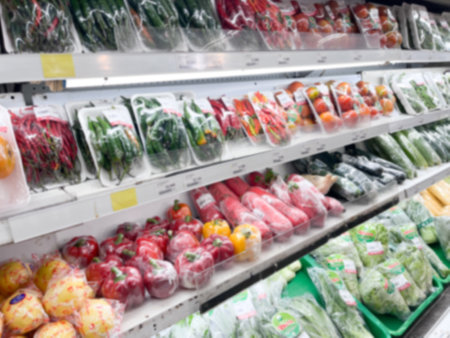 blur photo of fruit and vegetables in a modern marketの写真素材