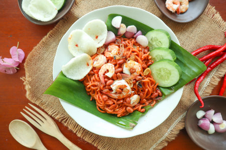 Mi Aceh, Mie Aceh or Acehnese noodles is a spicy dish typical of Aceh consisting of thick yellow noodles, slices of beef, mutton or shrimp, sliced ââred onions, cucumbers with a savory and spicy curry sauce. on tableの写真素材