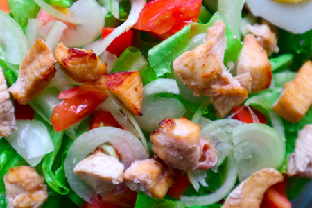 A cesar salad bowl filled with lettuce, tomatoes, egg and chicken. The salad is served in a clear glass bowlの写真素材
