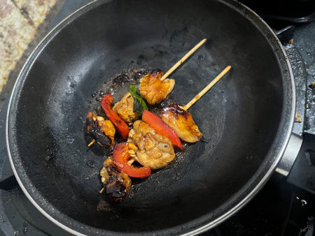Yakitori, Charcoal grilled chicken, Japanese style skewered chicken on grillの写真素材