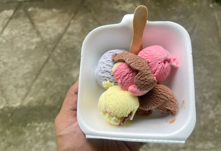 A person is holding a bowl of ice cream with four different flavors