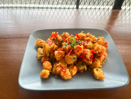 a spicy fried tofu dish with chili and onion, a savory snack.の写真素材