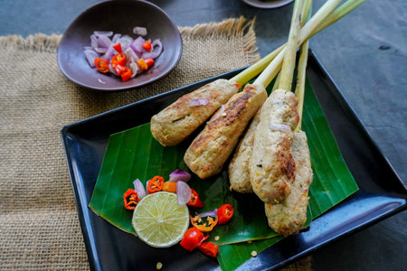 Sate lilit or satay lilit food from Bali, Indonesia. Sate can be made from fish, or chicken, beef, mixed with grated coconut, thick coconut milk wrapped around lemongrass stalksの写真素材