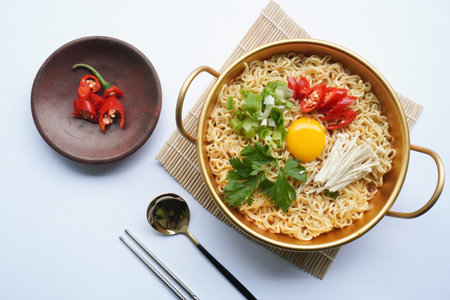 Ramyeon or Ramyun is Korean instant noodle, with spicy flavour topped with egg yolk, chilli, mushroom, kimchi inside a traditional korean noodle pot. Serving a Korean styleの写真素材