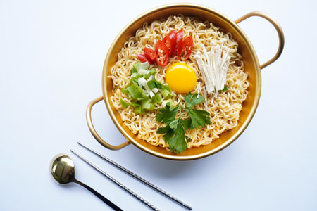 Ramyeon or Ramyun is Korean instant noodle, with spicy flavour topped with egg yolk, chilli, mushroom, kimchi inside a traditional korean noodle pot. Serving a Korean styleの写真素材