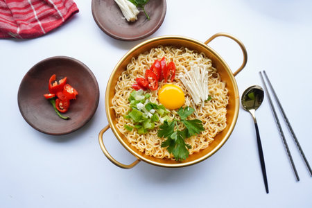 Ramyeon or Ramyun is Korean instant noodle, with spicy flavour topped with egg yolk, chilli,...