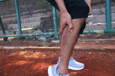 A man with hairy legs is kneeling on the ground with his leg in pain. He is wearing a pair of white...