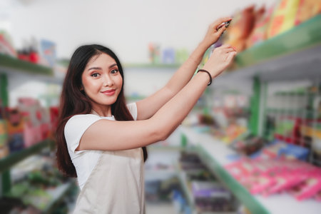 Smiling young Asian woman as a grocery store staffer checking goods suppliesの写真素材
