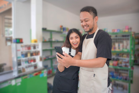 couple Confident young Asian people as convenience store or modern market staff in apron standing with pointing the phone while standing in front of display shelf.の写真素材